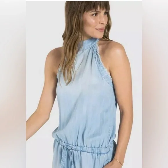 CLOTH & STONE ZIP BACK FRAYED ROMPER CHAMBRAY LAGUNA BLUE SIZE XS - Picture 3 of 10